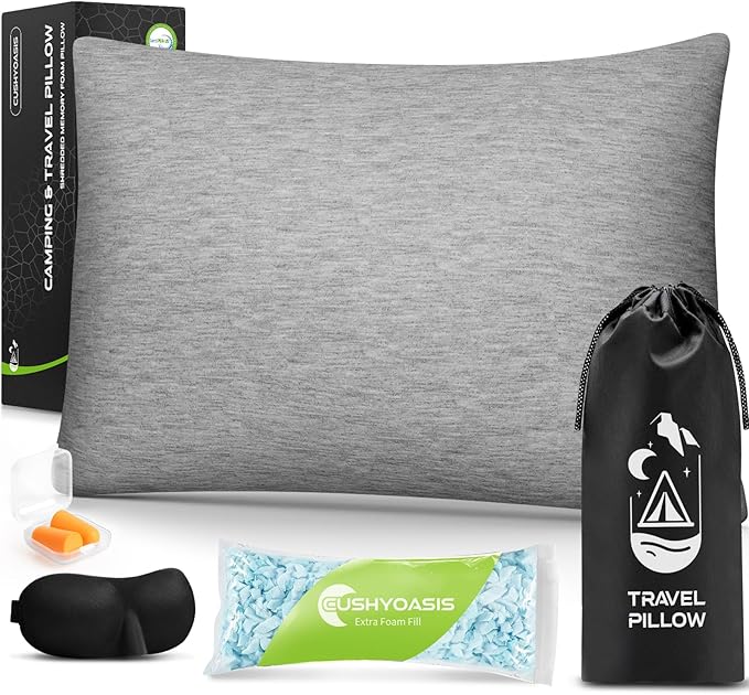 CushyOasis All-in-1 Camping Pillow Set - Shredded Memory Foam Small Travel Neck Pillow for Sleeping with Eye Mask, Earplugs & Washable Cover, Compact for Backpacking, Hiking, Airplane, Car, L Size