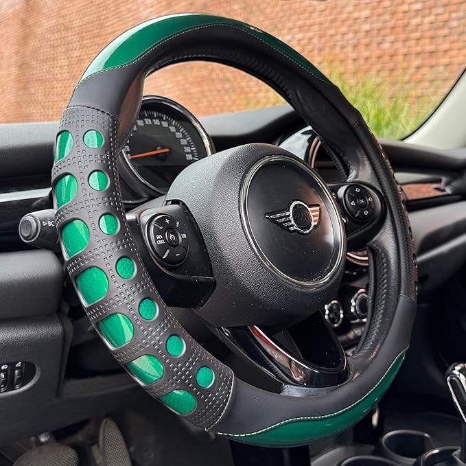 PINCTROT Large Size Race Grip Steering Wheel Cover, Anti-Slip Silicone Perforated Design with Soft Touch Padding, Enhanced Grip for Sporty Driving 15.5-15.75 Inch (Racing Green)