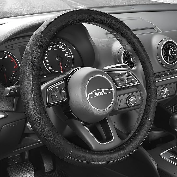 SEG Direct Car Steering Wheel Cover for Prius Civic Model 3 Model Y Camaro, Small Size 14-14.25 inch, Black Microfiber Leather