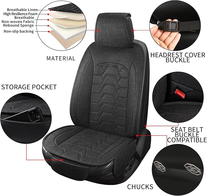 hoozoom Linen car Seat Covers Breathable Cloth Fabric Seat Protector Front seat Covers Universal Fit for 95% Automotive, Car, Van, SUV, Trucks（Black，2PCS）