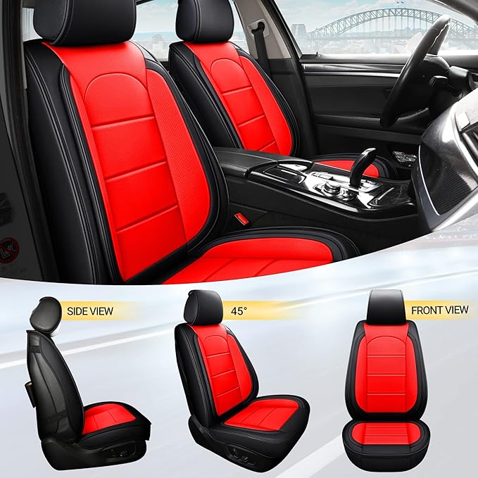 AOOG Leather Car Seat Covers with Car Backseat Organizer, Universal fit Automotive Vehicle Most Sedan SUV Pick-up Truck (Full Set, Black&Red)