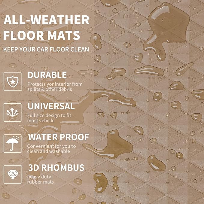 CAR PASS Beige Rubber Car Floor Mats & Cargo Liners, Durable Anti-Slip 3D Rhombus Waterproof Automotive Pad Trim Fit Liner All-Weather Trunk Mats Full Set Universal Fit Auto Van Sedan SUV Truck Beige