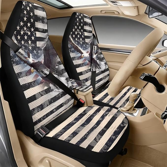 Oramclsy American Flag 5 Pack Auto Accessories Set Eagle Car Seat Covers Full Set + Heavy Duty Armrest Pad + Car Seat Belt Pads Universal Size Accessories