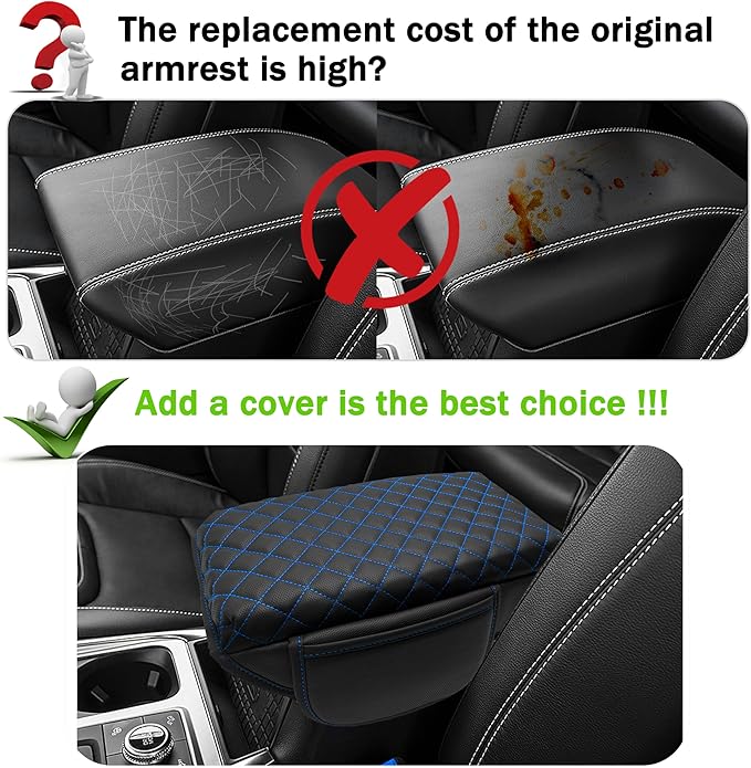 Center Console Cover for Ford Explorer 2026 2025 2020-2024 Accessories 1.2in Thickness Armrest Cover Leather Arm Rest Box Lid Protector Cushion Pad Middle Console Cover with Side Pockets (Blue Stitch)