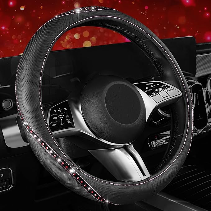 CAR PASS Bling Diamond Leather Steering Wheel Cover, Studded Crystal Rhinestones Universal Fit 14" 1/2-15" Crystal Glitter for Women Sparkle Girl Fit Suvs,Vans,Sedans,Cars,Trucks, Hot Pink Diamond