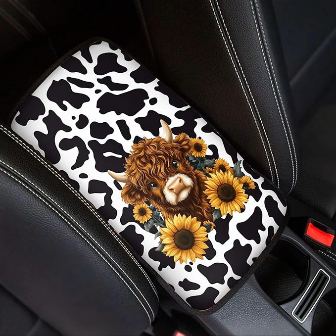 Highland Cattle Cow Print Car Center Console Cover Pad,Universal Armrest Seat Box Cover for Most Vehicle, SUV, Truck