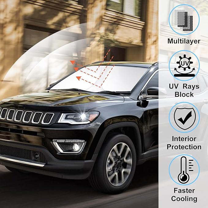 Windshield Sun Shade Custom Fit for 2017-2024 Jeep Compass Accessories Foldable Sunshade Sun Blocker Protect Car from Sun Rays & Heat Damage Keep Car Cooler