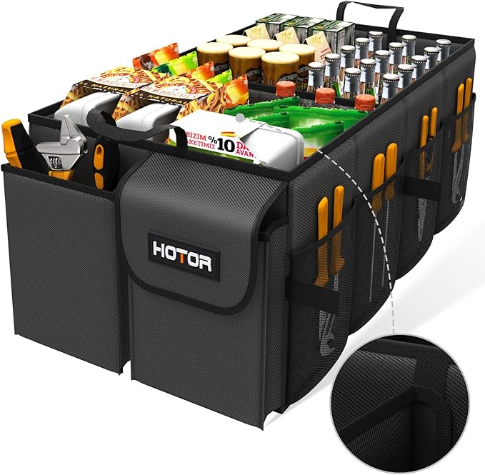 HOTOR Trunk Organizer - Car Organizer, Foldable Trunk organizer for SUVs & Sedans, Sturdy Car Organization for Car Accessories, Tools, Sundries, Black, 4 Compartments, 23.2"×16.0"×11.6"
