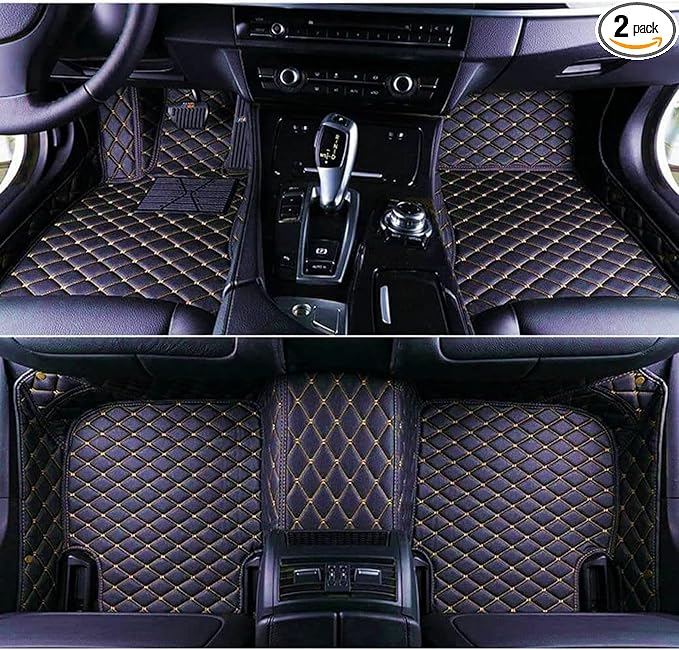 Custom Car Floor Mats Fit 96% Car Model Luxury Leather Waterproof Anti-Skid Full Coverage Liner Front Rear Mat/Set (Black Gold Line)