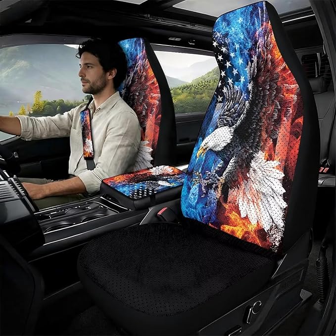 Qeluxign 5-Piece Car Accessories Set Universal Fit PU Leather Seat Covers Seatbelt Pads and Armrest Cover for Cars, Trucks, SUVs,Flame Eagle American Flag