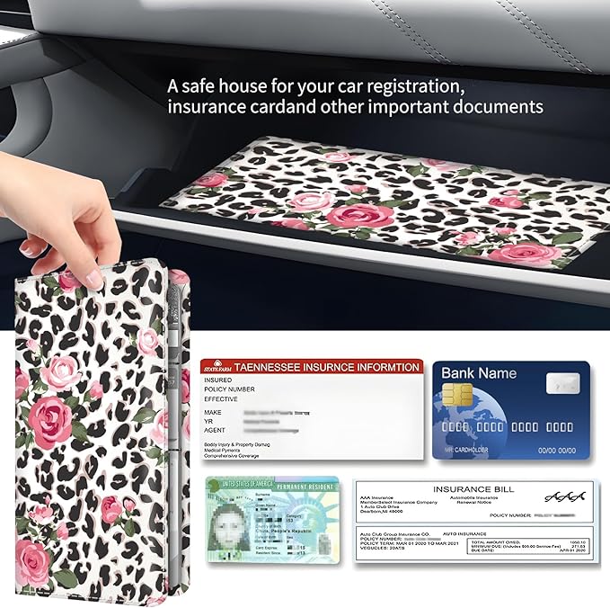 BAUCIWLD Premium Car Registration and Insurance Card Holder, Cute PU Leather Car Document Holder, Vehicle Glove Box Car Organizer with Magnetic Closure for Driver License, Cards Leopard Rose
