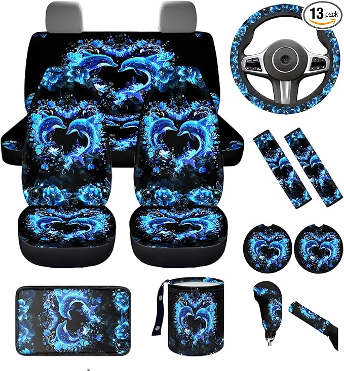 Dngkaoje Neon Dolphin Car Seat Covers Full Set 13 Pcs Auto Seat Accessories with Blue Dolphin Print Hanging Trash Bag,Seatbelt Shoulder Pads,Universal Auto Front and Rear Split Bench Seat Covers Set