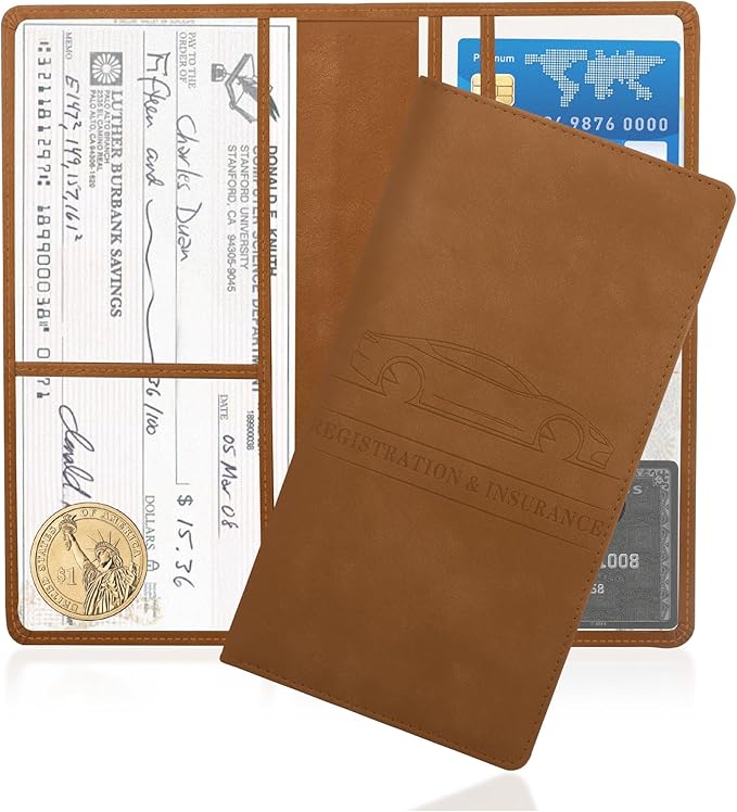 Car Registration and Insurance Holder,PU Leather Car Glove Box Organizer Car Document Holder for ID,Driver's License,Universal Car Organizer Car Accessories for Women/Men(Brown)