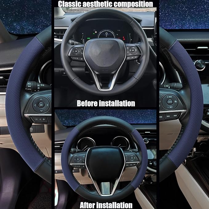 Mihecor Steering Wheel Cover Standard Size 14.5-15 inch, Non-Slip Car Wheel Cover Protector, Breathable Microfiber Leather, Black and Blue