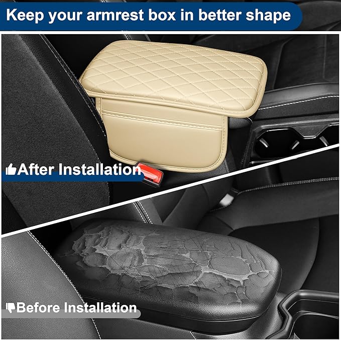 Car Center Console Cover Fit for Volkswagen Passat Leather Armrest Cover with 2 Storage Bags Waterproof Console Cover Scratch & Wear Resistant(Beige)