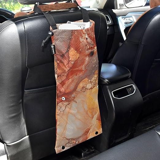 ALAZA Hanging Car Trash Bags Garbage Bag Trash Can for Back Seat Small Marble Orange Washable Storage Bag Retractable 2 Pack