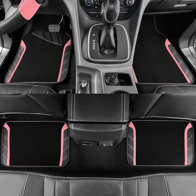 CAR PASS Microfiber Steering Wheel Cover and Waterproof Car Floor Mats,Leather Universal Car Combo Fit for 95% Truck,SUV,Cars,14.5-15inch Sporty Anti-Slip Safety Comfortable Design(Black and Pink)
