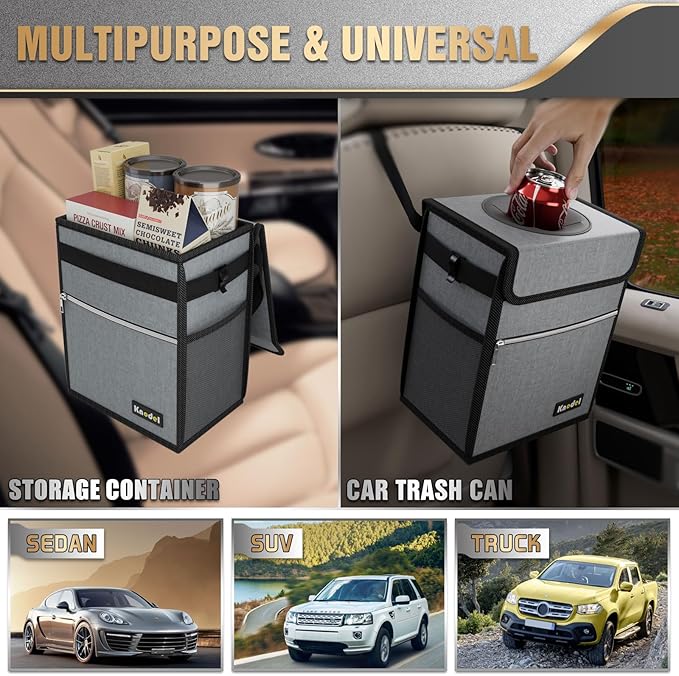K KNODEL Car Trash Can with Lid, Leak-Proof Car Garbage Can with Storage Pockets, Waterproof Auto Garbage Bag Hanging for Headrest (Small, Gray)