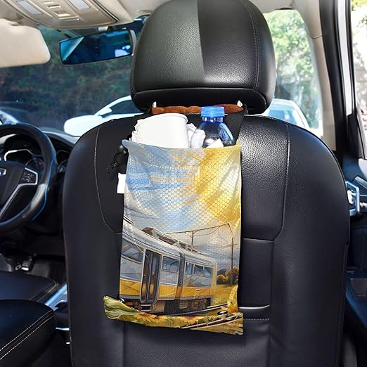 ALAZA Hanging Car Trash Bags Garbage Bag Trash Can for Back Seat Small Sunflower Train Washable Storage Bag Retractable 2 Pack