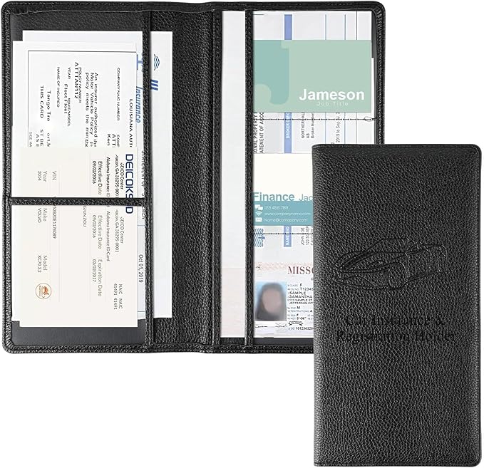 JUSTTOP 1Pack Car Registration and Insurance Holder,Car Document Holder for Cards License with Magnetic Shut,Vehicle Glove Box Car Organizer for Documents, Cards, License(Embossed leather Black)