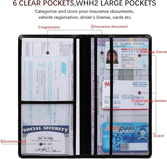 Peisicne Car Registration and Insurance Card Holder for Women Men, Black Glove Box Paperwork Organizer with Magnetic Buckle for Easy Access and Protect Documents and Various Cards in Vehicle