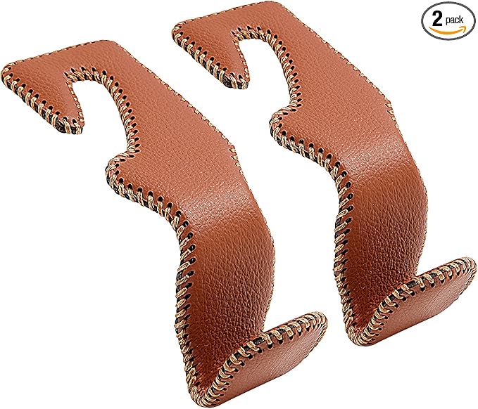 TISOHUGO Car Purse Hook, Back Seat Headrest Genuine Leather Hangers Durable Vehicle Organizer Accessory for Hanging Grocery Bags, 2 Pack, Brown