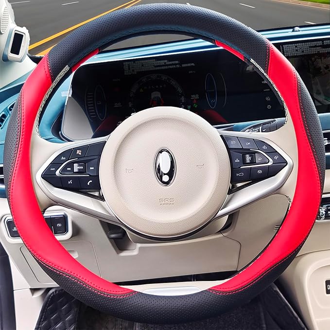 Universal Car Microfiber Leather Steering Wheel Cover Anti-Slip for 14.5"-15" (Black-Red)