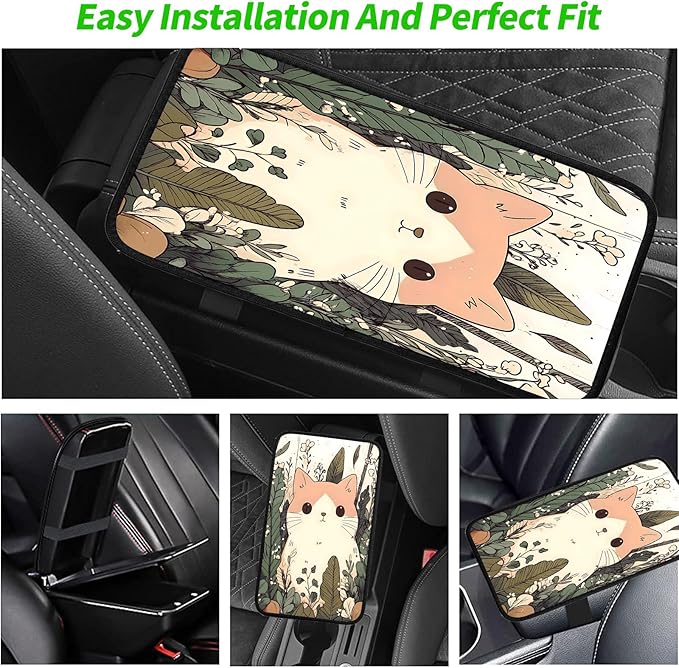JANENFNA Car Armrest Cover Pads Universal Fashion Cute Auto Center Console Armrest Cover Pad with 2PCS Car Coasters Soft Waterproof Car Armrest Seat Protector for Women,Cute Cat in Flowers