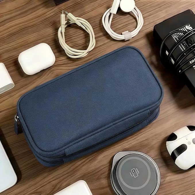 Portable Waterproof Double Layers All-in-One Storage Bag, Travel Cord Organizer，Electronics Accessories Organizer Pouch Bag for Accessories,Charger, USB Cable, Gadget (navy blue)