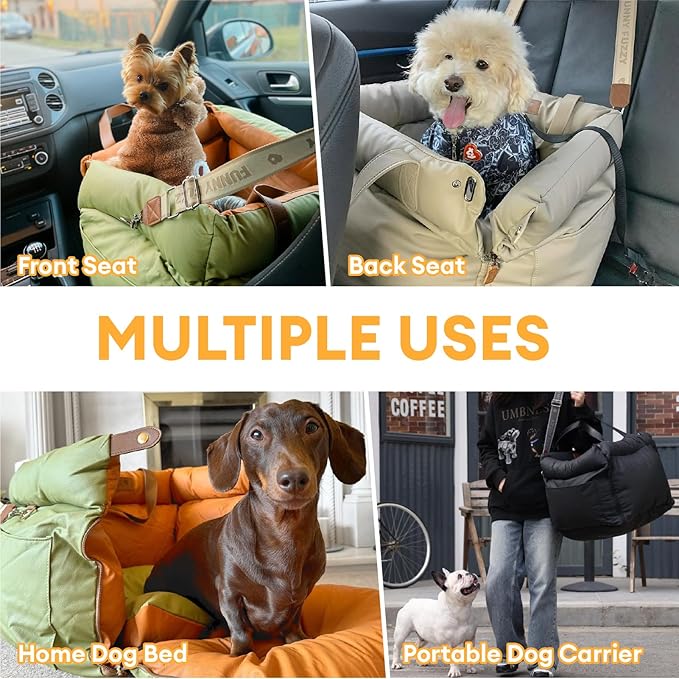 FUNNYFUZZY Leather Dog Car Seat for Small ＆ Medium Sized Dogs Up to 35lbs, Waterproof and Washable Dog Booster Seat Car Bed for Travel and Home,Portable and Safety(Black)