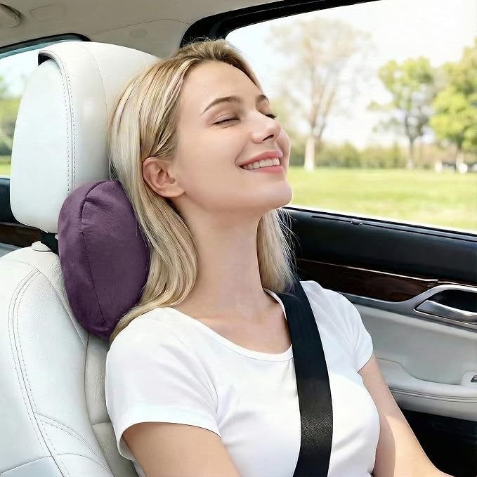 2PCS Car Pillow for Car Neck Pillow for Driving Seat Leather Neck Support Soft Cushion Back Support Head-Rests for Vehicle Sleeping with Elastic Adjustment Strap (Violet, Head)