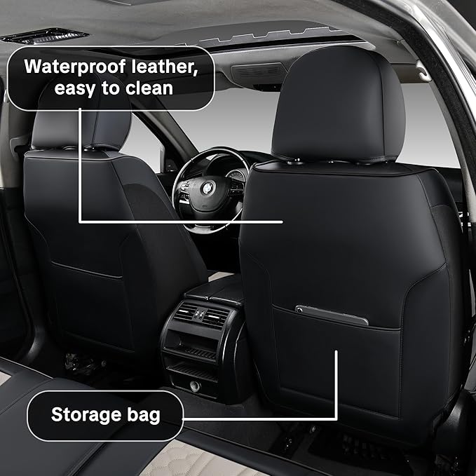 Wertigen Black and Grey PU Leather Car Seat Covers - Luxury Waterproof Car Seat Covers with Lumbar Support, Non-Slip Base, Airbag Compatibility, Easy Installation and Cleaning