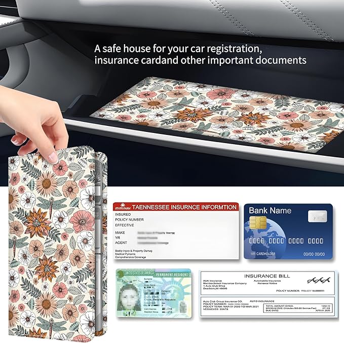 BAUCIWLD Premium Car Registration and Insurance Card Holder, Cute PU Leather Car Document Holder, Vehicle Glove Box Car Organizer with Magnetic Closure for Driver License, Cards Boho Flowers