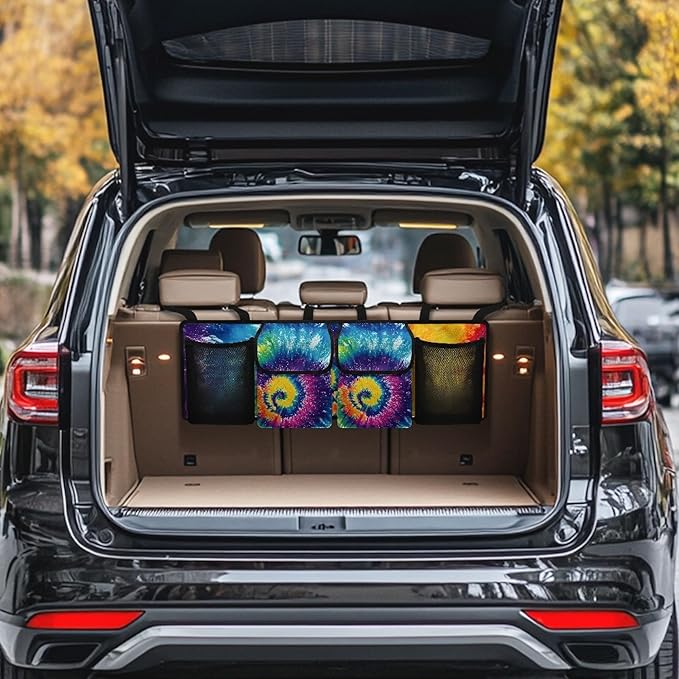CLOHOMIN Rainbow Tie Dye Car Trunk Organizer Hanging Back Seat Storage Bag with 4 Pockets Large Capacity Trunk Organizer for SUV Truck Sedan Car Interior Accessories