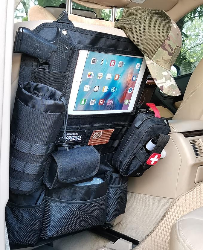 Upgrade Tactical MOLLE Car Back Seat Organizer With 14 Multi-Pockets and 4 Detachable Pouches: Trucker hat, Trauma Medical & Water Bottle Pouch, EDC Pouch, Vehicle Protector Organizer