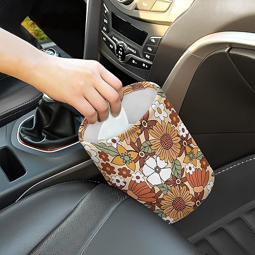 Car Trash Can with Hanging for Back Seat, Car Accessories for Women Men Automotive Garbage Cans Vehicle Trash Can for Truck SUVOrange Hippie Floral