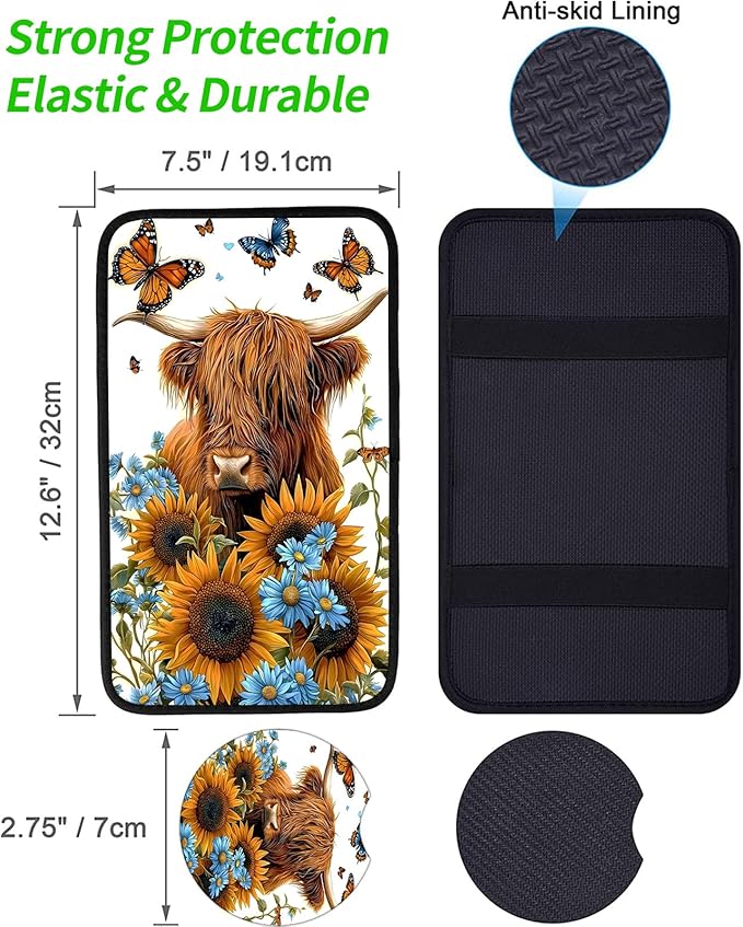 JANENFNA Car Armrest Cover Pads Universal Fashion Cute Auto Center Console Armrest Cover Pad with 2PCS Car Coasters Soft Waterproof Car Armrest Seat Protector for Women,Cow Butterflies