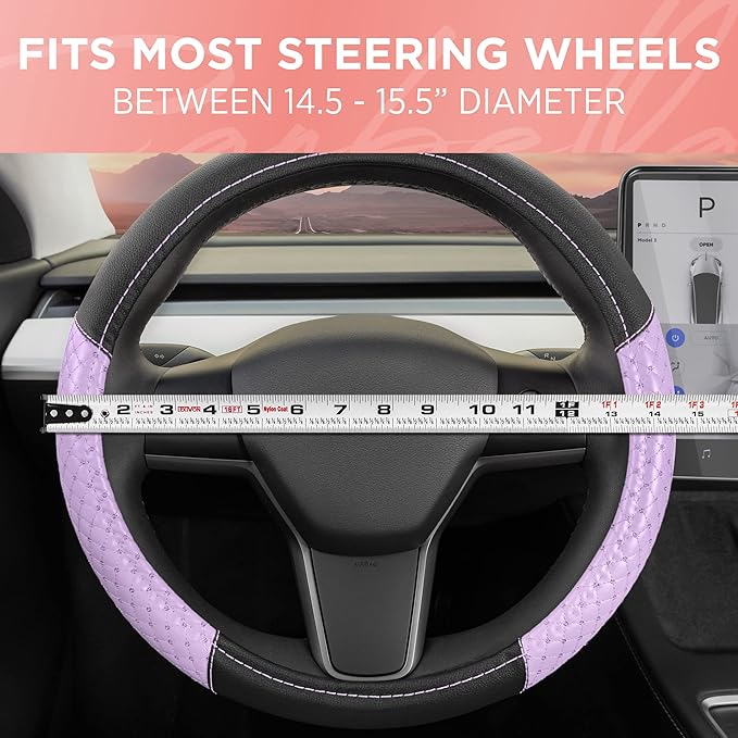 Carbella Purple Sequin Bling Steering Wheel Cover, Standard 15 Inch Size Fits Most Vehicles, Cute Faux Leather Car Steering Cover with Diamond Rhinestone Glitter Like Detail, Car Accessories for Women