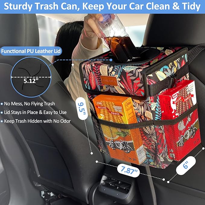 Car Trash Can Bin for Back Seat Leak Proof, Cute Car Trash Bag Hanging, Vehicle Trash Can for SUV Truck Van, Automotive Garbage Cans Front Seat Red Leaves, 2 Gallons