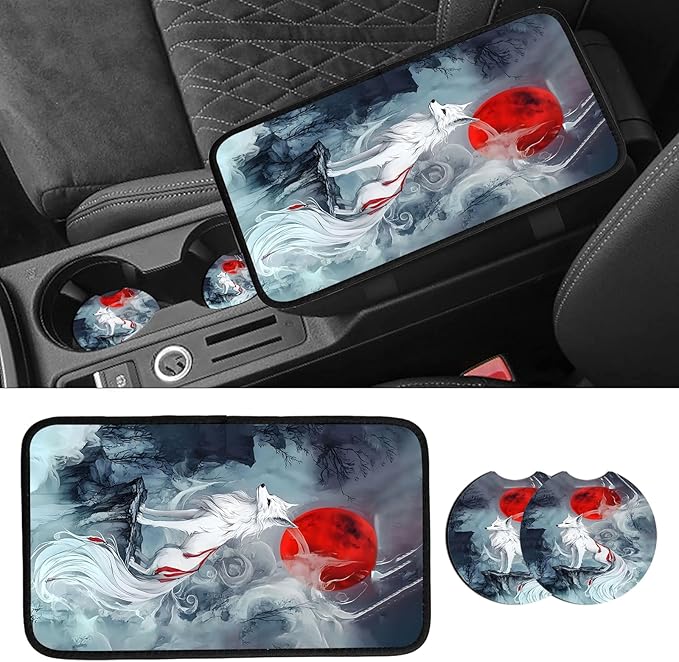 JANENFNA Car Armrest Cover Pads Universal Fashion Cute Auto Center Console Armrest Cover Pad with 2PCS Car Coasters Soft Waterproof Car Armrest Seat Protector for Women,Blood Moon White Fox