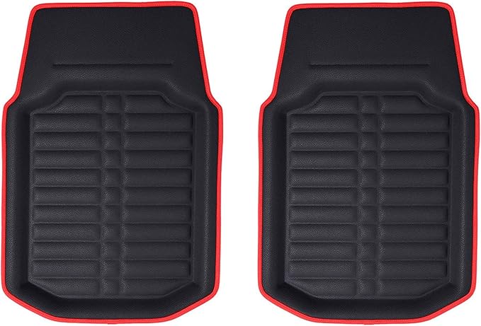 FH Group Automotive Floor Mats - PU Leather Floor Mats, Deep Dish Design, Floor Mats for Cars, Universal Fit Floor Mats Full Set, Floor Mats For Most Sedan, SUV, Truck Floor Mats Red Black