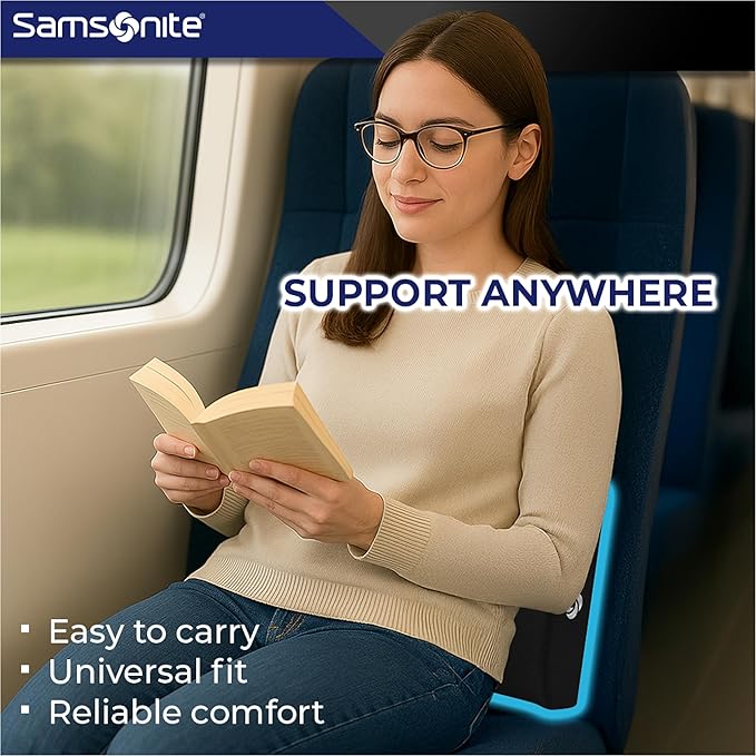 Samsonite Ergonomic Lumbar Pillow for Office Chair and Car Seat - Memory Foam Back Support Lumbar Pillow, Premium Cushion Chair Support for Lower Back Pain Relief and Versatile Use (Black)