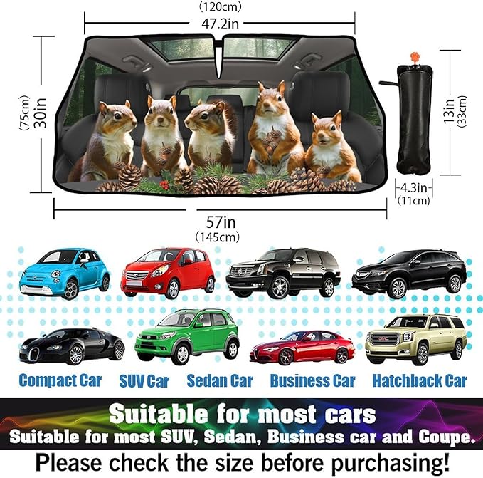 DOPINDU Funny Animal Squirrel Car Windshield Sun Shade Umbrella Bendable Handle Foldable Squirrel Sunshade for Car Windshield Block UV Rays Keep Vehicle Cool for Most Sedans SUV Trucks Cars 57"x30"