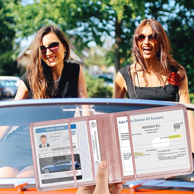 DMLuna Car Registration and Insurance Holder, Folio Leather Vehicle Card Document Glove Box Organizer, Auto Truck Compartment Accessories for Essential Information, Driver License Cards, Rose Gold
