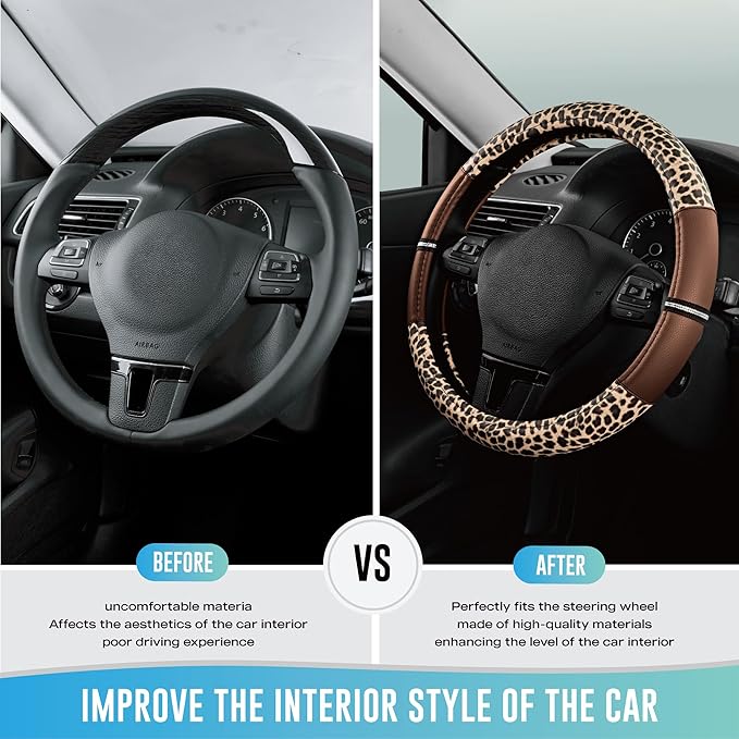 Road Comforts Leopard Steering Wheel Cover - Made with PVC Leather Cheetah Print - Anti-Slip, Universal Fit 14 1/2 inches to 15 inches - Brown