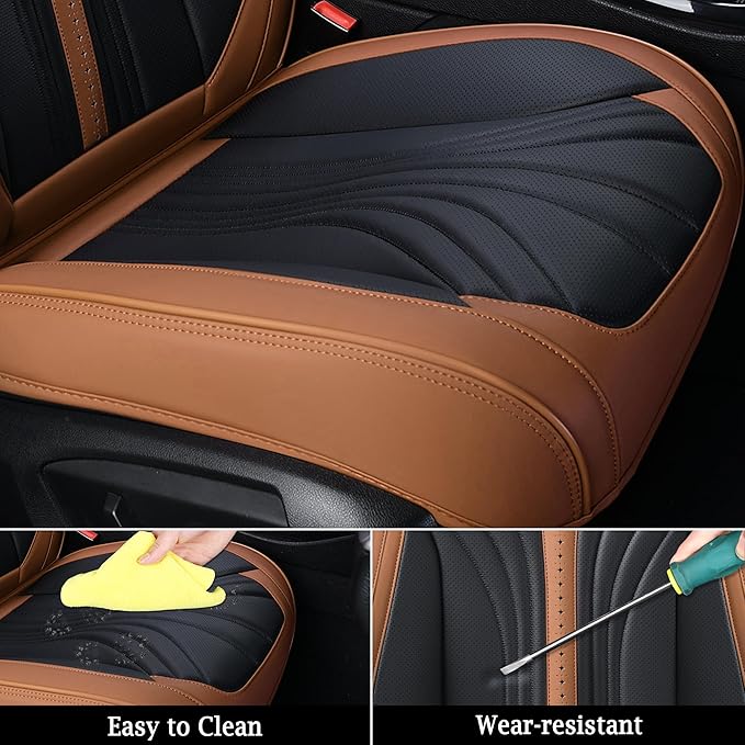 FLORICH Leather Seat Covers, 2 PCS Waterproof Front Car Cushions, Black and Brown Automotive Driver Covers Fit for Most Cars SUV Trucks