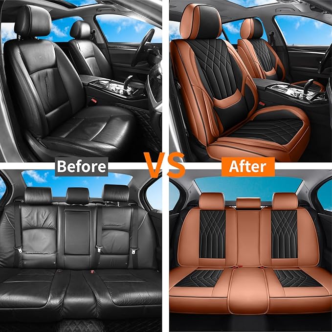 GEZHOUBA Black Brown Car Seat Covers Full Set, Luxury Leather Brown Seat Covers for Front and Rear Seats Waterproof Anti-Slip Full Wrapped Universal Fit for Most 5-Seater Cars SUVs