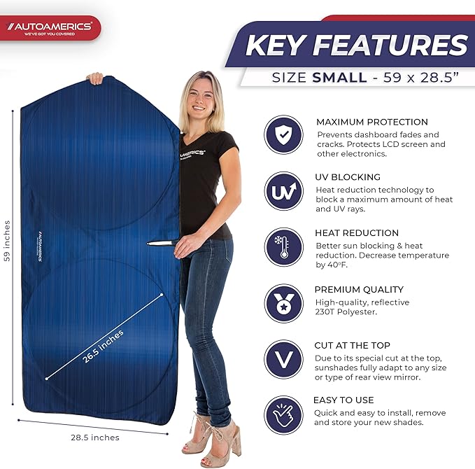 Autoamerics 1-Piece Windshield Sun Shade - Metallic Blue Foldable Car Front Window Sunshade for Most Cars SUV Truck Heat Blocker Visor Protector Blocks Max UV Rays and Keeps Your Vehicle Cool - Small