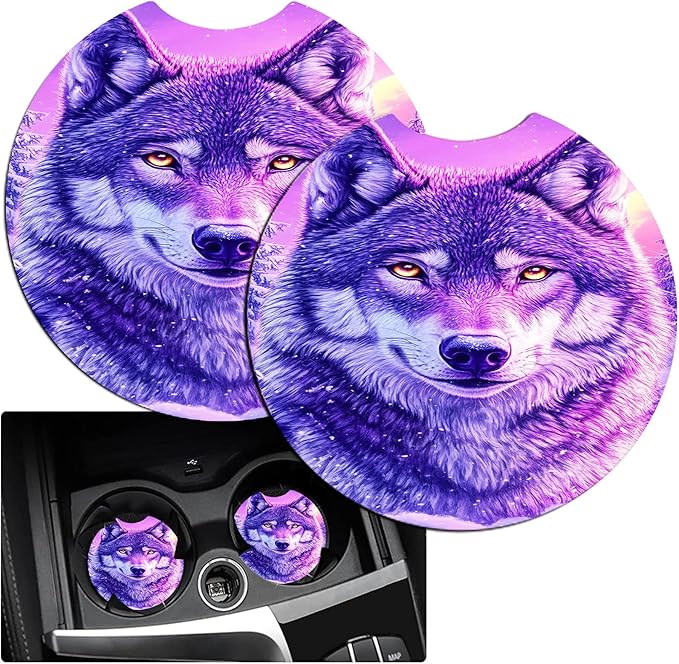 JANENFNA Car Armrest Cover Pads Universal Fashion Cute Auto Center Console Armrest Cover Pad with 2PCS Car Coasters Soft Waterproof Car Armrest Seat Protector for Women,Purple Snow Wolf