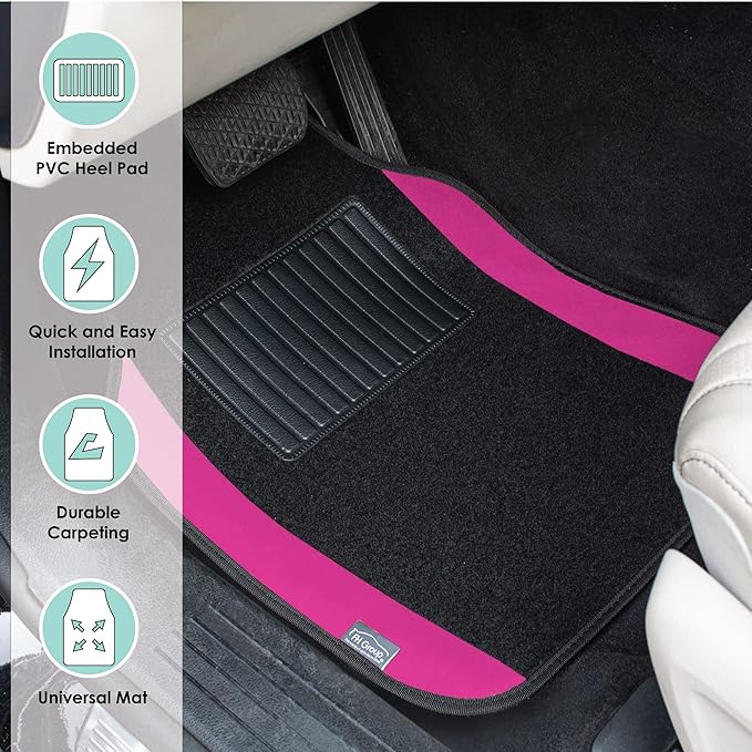 FH Group Automotive Floor Mats – Universal Fit Premium Carpet Car Mats with Driver Heel Pad, Full Set for Cars, SUVs & Trucks - Pink
